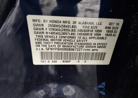 2016 Honda Pilot Ex-L z USA, uszkodzony, nr VIN 5FNYF6H59GB067227